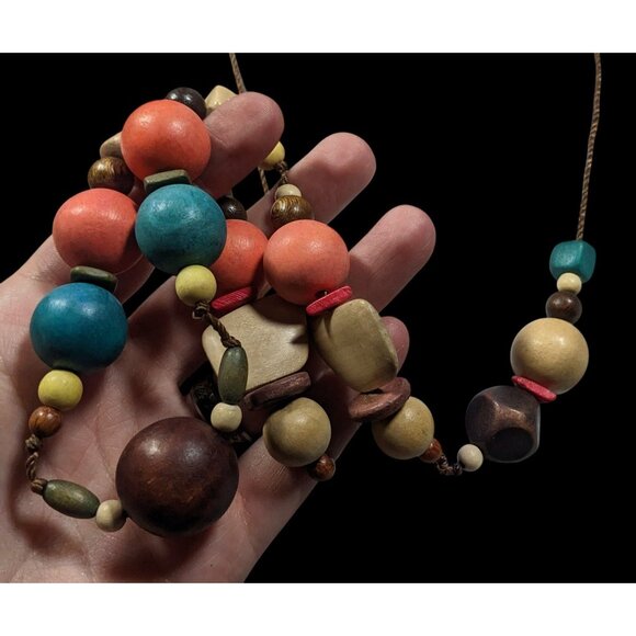 Rainbow Chunky Wood Beaded Statement Necklace - Picture 6 of 8